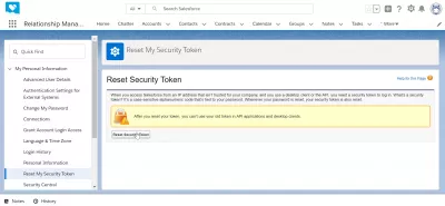 如何在SalesForce Lightning中获取安全令牌？ : 销售队伍界面示例: reset security token button