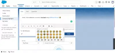 Lightning Salesforce: Πώς να χρησιμοποιήσετε το chatter (και γιατί) : Προσθήκη ενός emoticon σε ένα μήνυμα φλυαρία